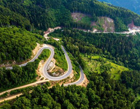 Road in the middle of the forest construction up to the mountainの素材