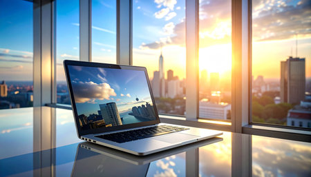 Laptop in the office looking outside the glass windowの素材