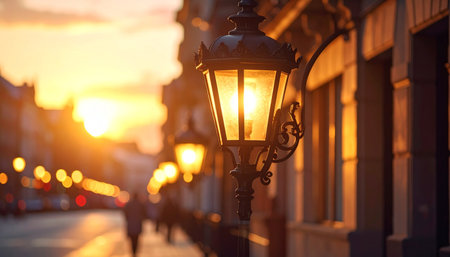 close up Street lights at sunset, street in the city of night backgroundの素材