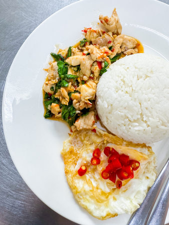Rice topped chicken with Thai basil and fried egg