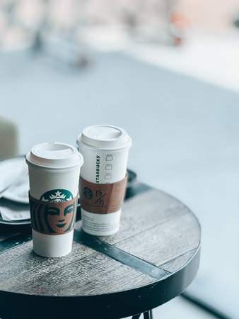 Bangkok Thailand - 26 April 2024: Two glass of Starbucks hot coffee in the Starbucks coffee shop