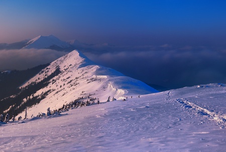 Beautiful winter landscape in the mountains. Sunrise
