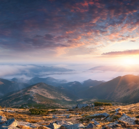 Colorful autumn landscape in the mountains. Sunriseの写真素材