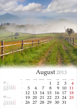 2013 Calendar. August. Beautiful summer landscape in the mountain village.の写真素材