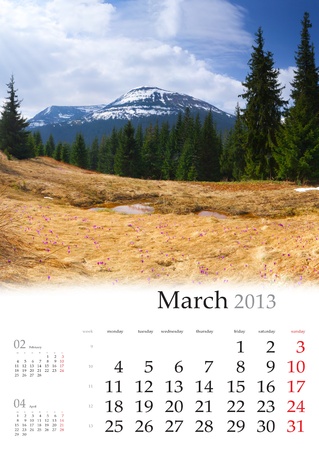 2013 Calendar. March. Beautiful spring landscape in the mountains. の写真素材