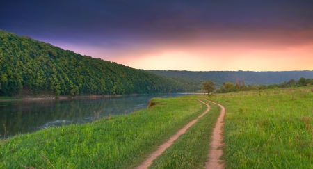 Beautiful summer landscape with the river in the mountains.Sunriseの写真素材