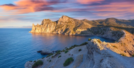 Colorful summer sunrise on the sea. Royal bay, Novy Svet, Cremeaの写真素材