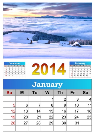 2014 Calendar. January. Beautiful winter landscape in the mountains.の写真素材