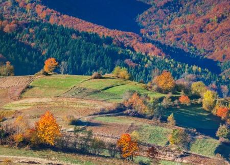 Colorful autumn landscape in the mountain village.の写真素材