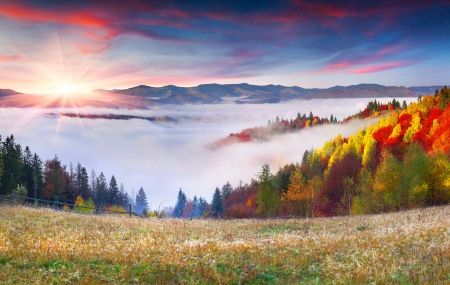 Colorful autumn sunrise in the Carpathian mountains. Sokilsky ridge, Ukraine, Europe.の写真素材
