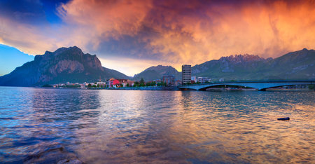 Colorful spring sunset in the Lecco Lake. Lecco, Alps, Italy.の写真素材