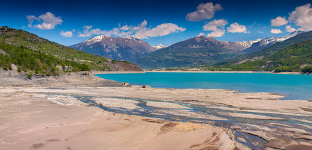 Panorama of lake Serre-Poncon, Alps, France.の写真素材