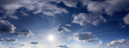 Panorama of the white fluffy clouds in the fantastic blue sky.
