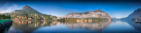 Panorama of the lake Lecco. Lecco, Alps, Italy, Europe.の写真素材