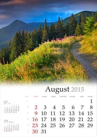 2015 Calendar. August. Beautiful summer landscape in the mountainsの写真素材