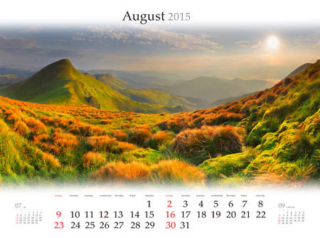 Calendar 2015 for August. Beautiful sunrise landscape in the mountainsの写真素材