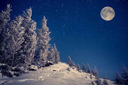 ull moon in night sky in the winter mountainsの写真素材