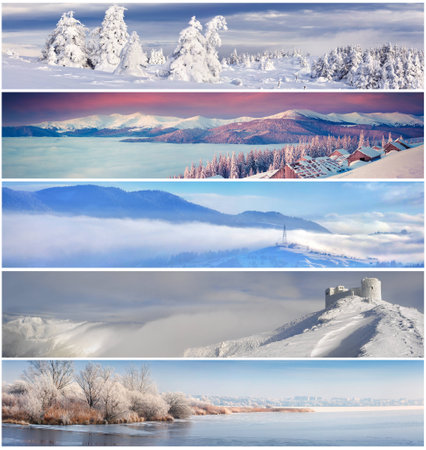 Winter collage with 5 different Christmas landscape for banners.の写真素材