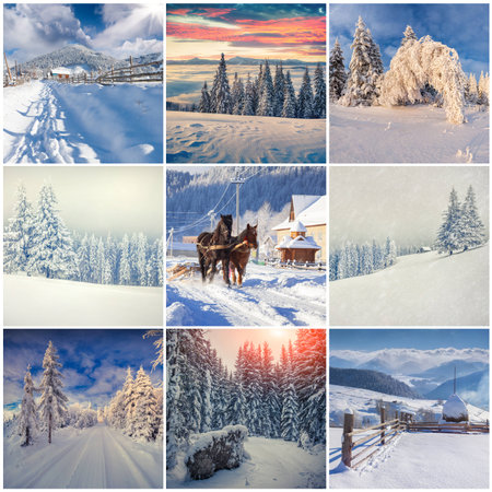 Winter collage with 9 square Christmas landscapes. Carpathian region, Ukraine, Europe.の写真素材