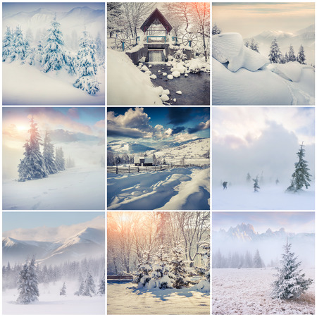 Winter collage with 9 square Christmas landscapes. Carpathian region, Ukraine, Europe.の写真素材