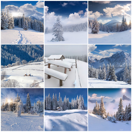 Winter collage with 9 square Christmas landscapes. Carpathian region, Ukraine, Europe.の写真素材