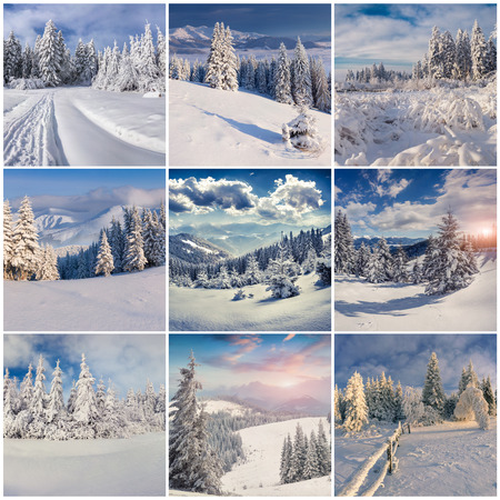 Winter collage with 9 square Christmas landscapes. Carpathian region, Ukraine, Europe.の写真素材