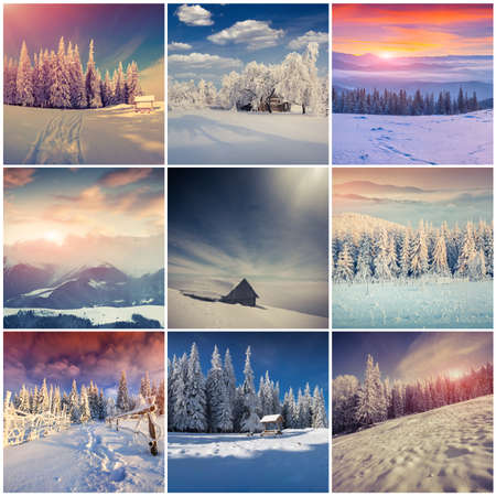 Winter collage with 9 square Christmas landscapes. Carpathian region, Ukraine, Europe.の写真素材