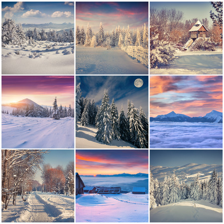Winter collage with 9 square Christmas landscapes. Carpathian region, Ukraine, Europe.の写真素材