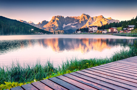 Colorful summer sunrise on the Lake Misurina, in Italy Alps, Tre Cime Di Lavaredo, Dolomites, Europe.の写真素材