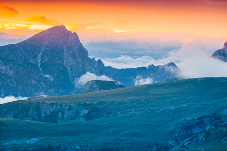 Colorful sunrise on the Seekofel mountain range in National Park Tre Cime di Lavaredo. Dolomites, South Tyrol. Location Auronzo, Italy, Europe.の写真素材