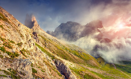Colorful summer sunrise in the National Park Tre Cime di Lavaredo near rifugio Locatelli. Dolomites,...
