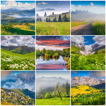 Collage with 9 square summer landscapes.の写真素材