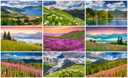 Collage with 9 colorful summer landscapes.の写真素材