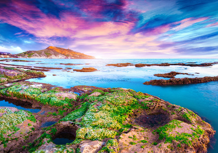 Colorful spring sunset from the Giallonardo beach, Sicily, Italy, Tyrrhenian sea, Europe.の写真素材