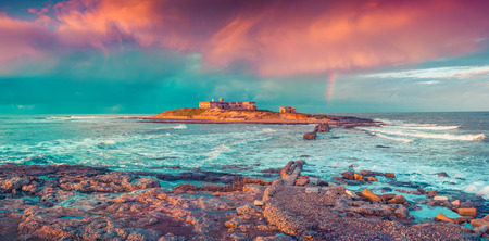 Colorful spring seascape on the Passero cape, Sicily, Italy, Tyrrhenian sea, Europe. Instagram toning.の写真素材