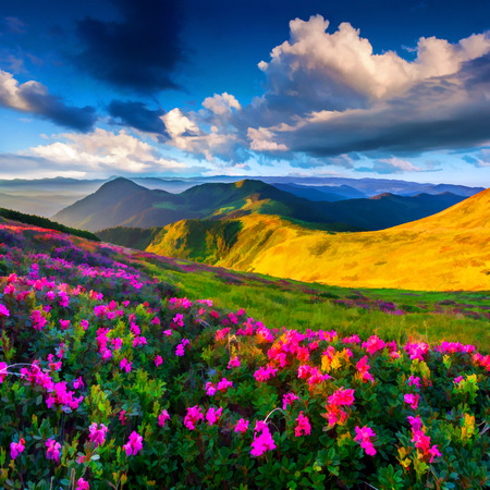 Digital artwork in watercolor painting style. Magic pink rhododendron flowers on summer mountainの写真素材