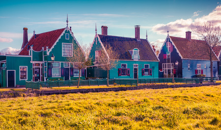 Tipical Dutch village Zaanstad in spring sunny day. Netherlands, Europeの写真素材