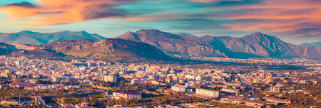 Evening view from the bird's eye of the town Bagheria. Sicily, Italy, Mediterranean sea, Europe....