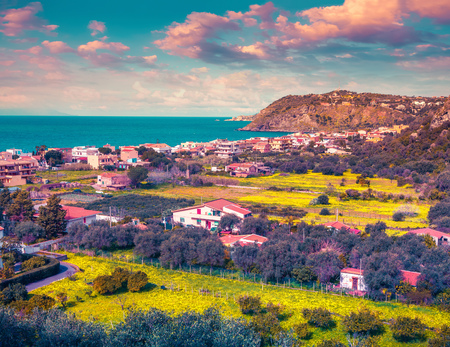 Sunny morning view of the Addolorata district of Milazzo town, Sicily, Italy, Tyrrhenian sea, Europe. Instagram toningの写真素材