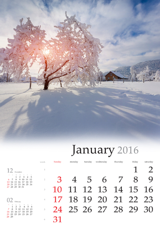 Calendar 2016. January. Colorful winter landscape in the mountain villageの写真素材