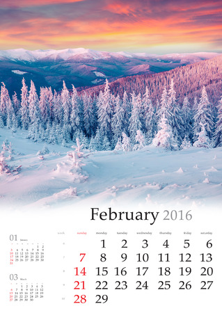 Calendar 2016. February. Colorful winter landscape in the mountainsの写真素材