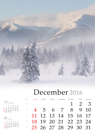 Calendar 2016. December. Colorful winter landscape in the mountains.の写真素材