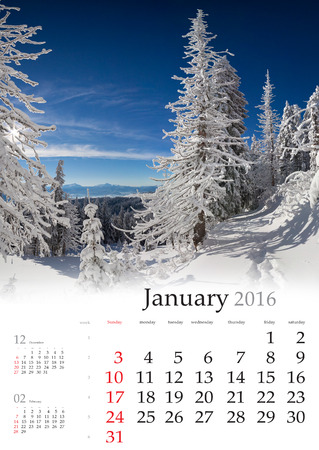 Calendar 2016. January. Colorful winter landscape in the mountainsの写真素材