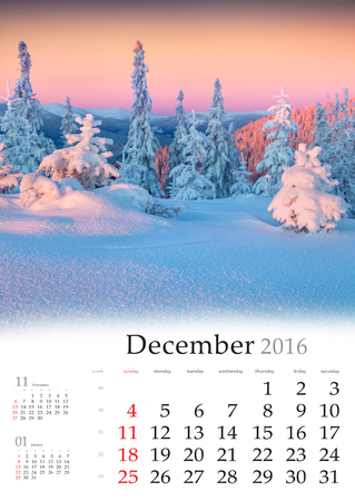 Calendar 2016. December. Colorful winter landscape in the mountains.の写真素材