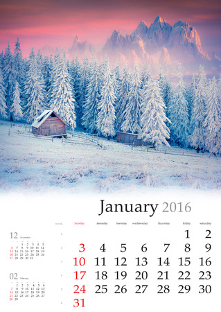 Calendar 2016. January. Colorful winter landscape in the mountainsの写真素材