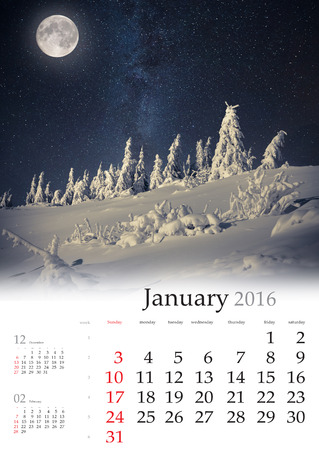 Calendar 2016. January. Colorful winter landscape in the mountainsの写真素材