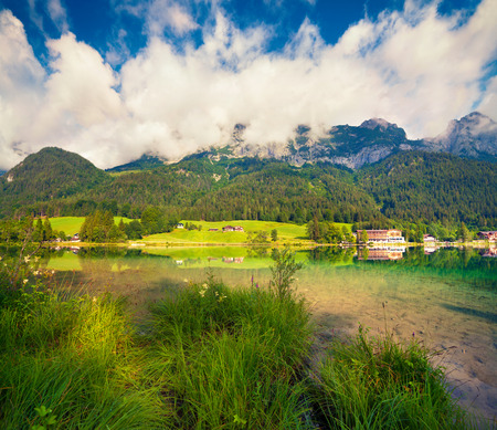 Sunny summer scene on the Hintersee lake. Morning in Austrian Alps. Salzburg, Austria, Europe.の写真素材