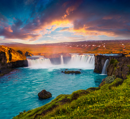 Summer morning scene on the Godafoss Waterfall. Colorful sunrise on the on Skjalfandafljot river, Iceland, Europe. Artistic style post processed photo.の写真素材
