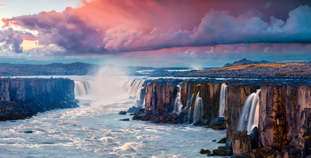 Colorful summer landscape on Jokulsa a Fjollum river. Beautiful sunrise scene on the Selfoss...