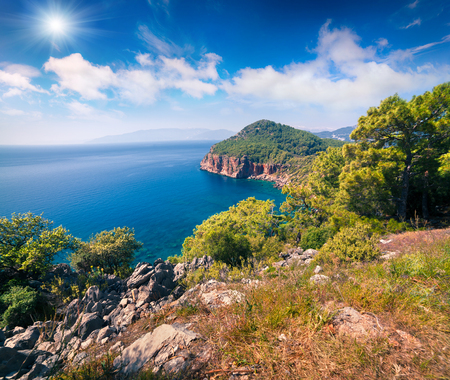 Deep blue sky under Gelidonya peninsula, District of Kumluca, Antalya Province. Sunny spring scene in Turkey. Artistic style post processed photo.の写真素材